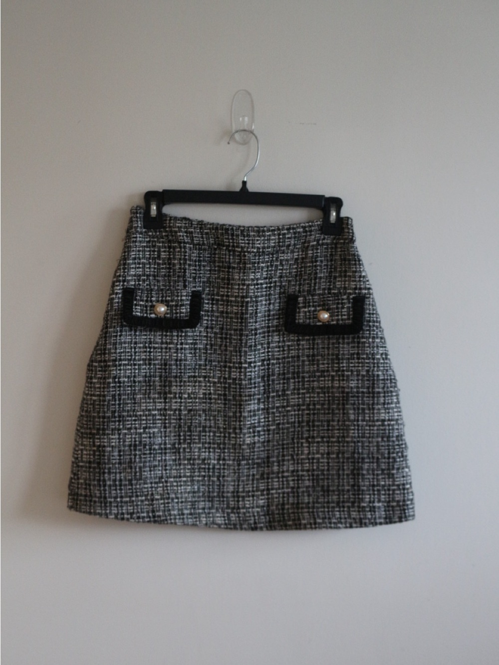Black & White Tweed A-Line Mini Skirt with Pearl-Button Detail